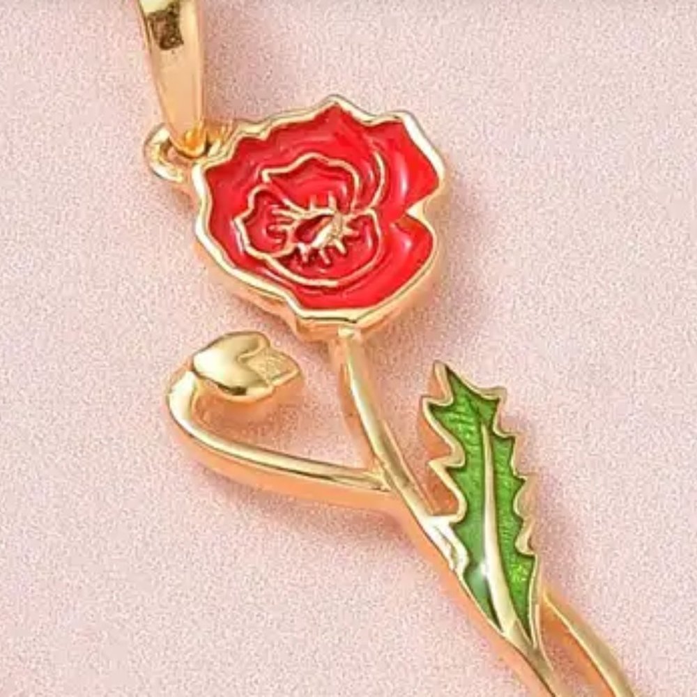 Taurus Zodiac Red-Green Enameled Poppy Birth Flower Pendant Necklace - Picture 4 of 4